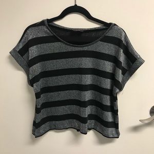Silver & Black Striped Crop Sweater Shirt